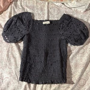 LOFT Petite Grey Puffed Sleeve Eyelet Top